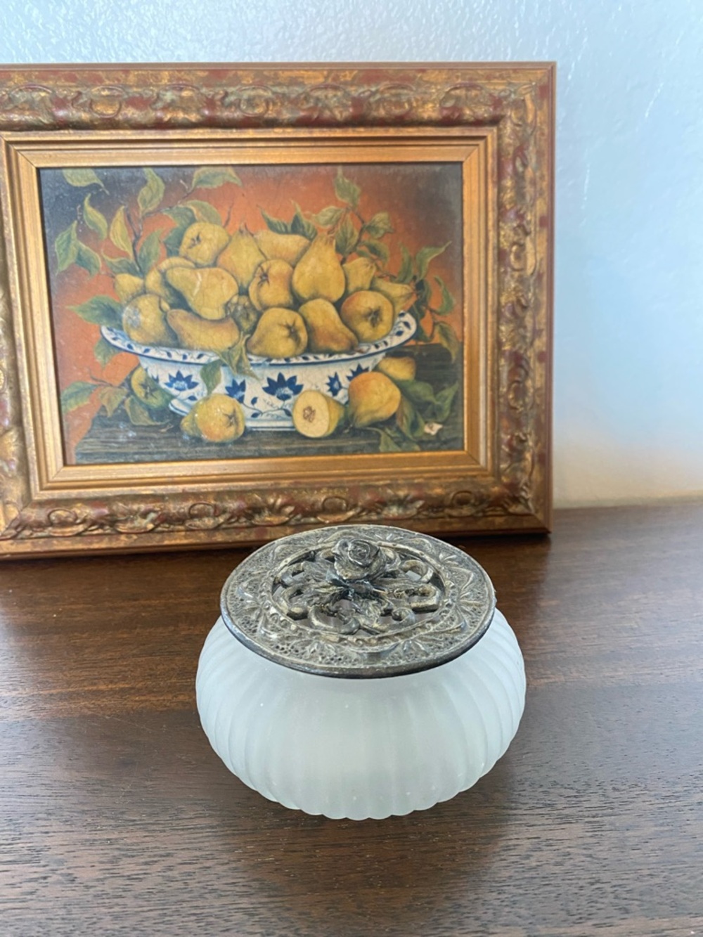 Vintage-Style White Glass Trinket Jar with Ornate Silver Lid